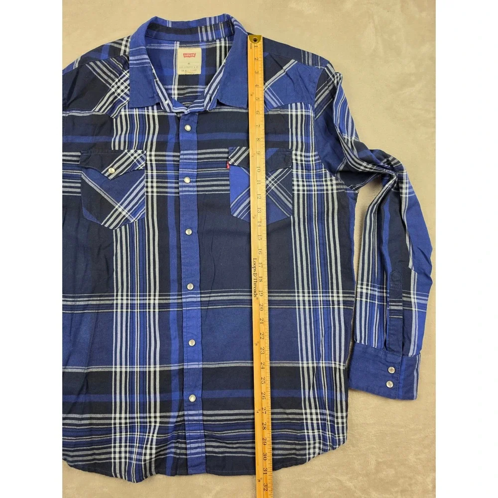 Levi's Flannel Western Shirt Mens XXL Blue Plaid Pearl Snap Long Sleeve